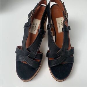 Lanvin Ete 2009 Black Leather Cross Strap Cork Platform High Heel Sandals 39 1/2